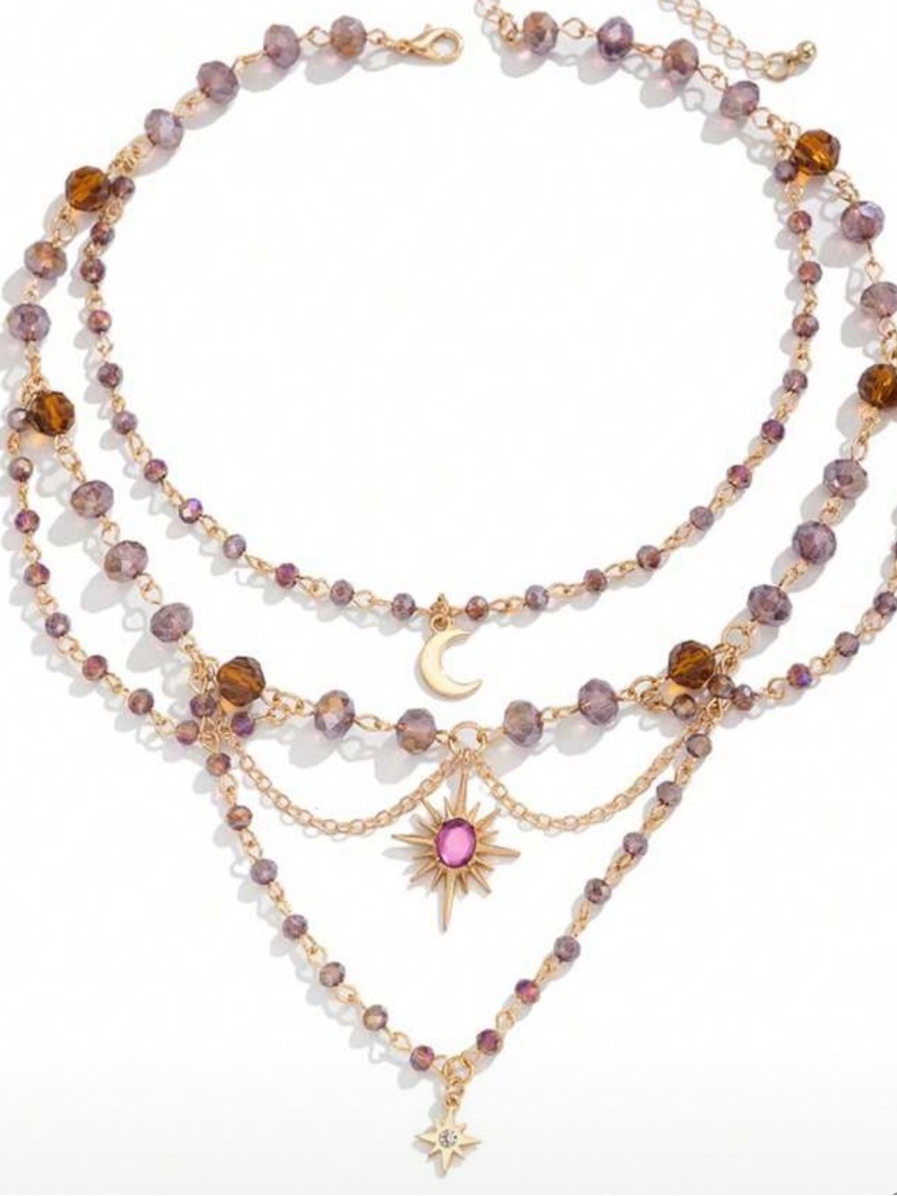 ROMWE Gold-Tone Layered Necklace with Pink and Amber Beads
